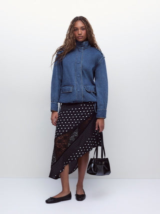 Denim Stand Collar Washed Drawstring Metal Detail Oversized Jacket