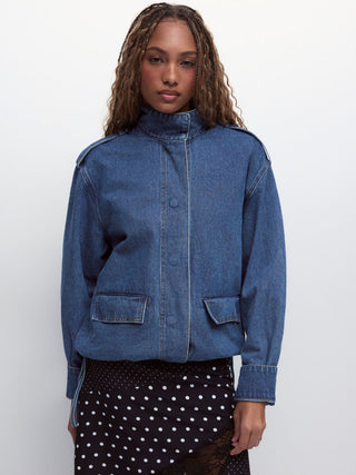 Denim Stand Collar Washed Drawstring Metal Detail Oversized Jacket