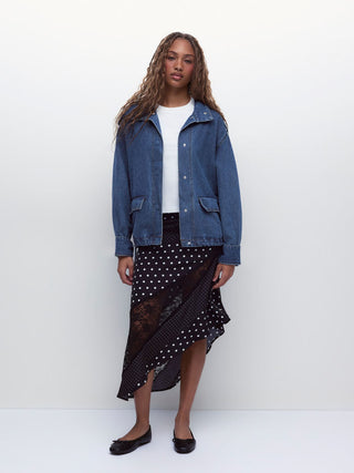 Denim Stand Collar Washed Drawstring Metal Detail Oversized Jacket