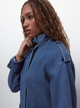 Denim Stand Collar Washed Drawstring Metal Detail Oversized Jacket