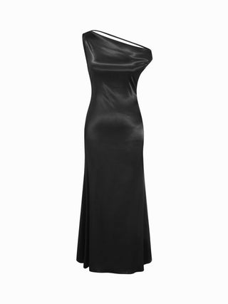 Satin Asymmetrical Neck Backless Maxi Dress