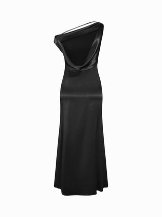 Satin Asymmetrical Neck Backless Maxi Dress