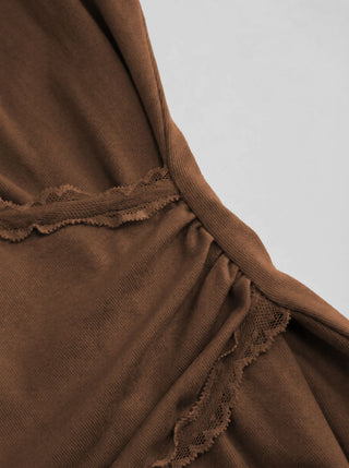 V-neck Ruffle Sleeve Lace Trim Drawstring Ruched Top