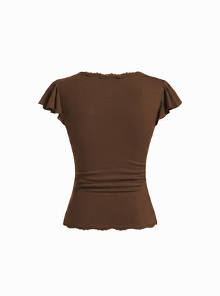 V-neck Ruffle Sleeve Lace Trim Drawstring Ruched Top