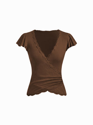 V-neck Ruffle Sleeve Lace Trim Drawstring Ruched Top