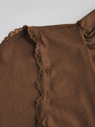 V-neck Ruffle Sleeve Lace Trim Drawstring Ruched Top