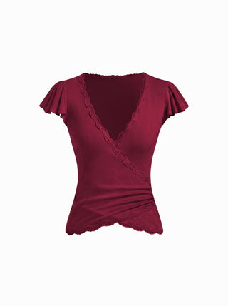 V-neck Ruffle Sleeve Lace Trim Drawstring Ruched Top