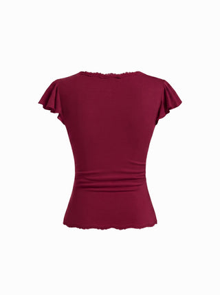 V-neck Ruffle Sleeve Lace Trim Drawstring Ruched Top