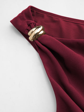 Asymmetrical Neck Metal Detail Cut Out Ruched Mini Dress