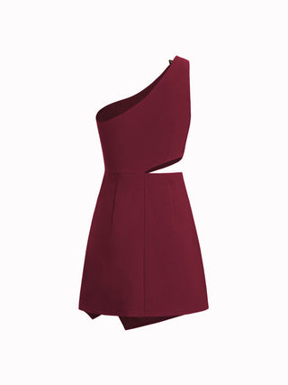 Asymmetrical Neck Metal Detail Cut Out Ruched Mini Dress