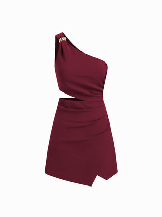 Asymmetrical Neck Metal Detail Cut Out Ruched Mini Dress