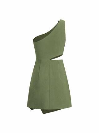Asymmetrical Neck Metal Detail Cut Out Ruched Mini Dress