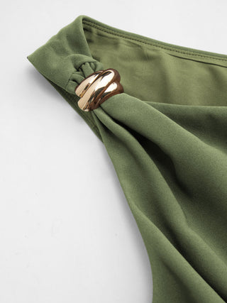 Asymmetrical Neck Metal Detail Cut Out Ruched Mini Dress