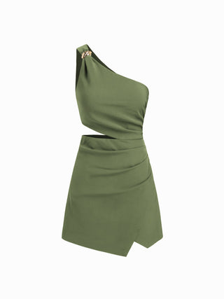Asymmetrical Neck Metal Detail Cut Out Ruched Mini Dress