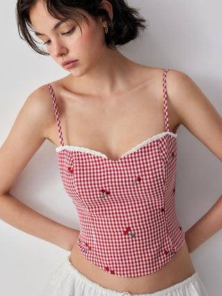 Cotton-blend Gingham Cherry Embroidery Sweetheart Neck Lace Trim Cami Blouse