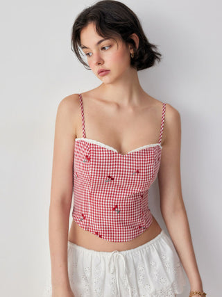 Cotton-blend Gingham Cherry Embroidery Sweetheart Neck Lace Trim Cami Blouse