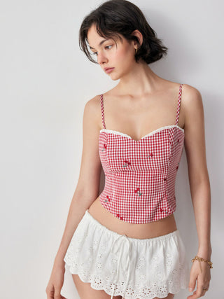 Cotton-blend Gingham Cherry Embroidery Sweetheart Neck Lace Trim Cami Blouse