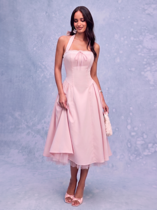 Satin Halter Neckline Bowknot Lace Trim Draped Milkmaid Midi Dress