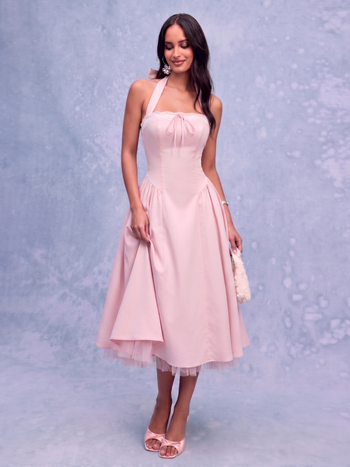 Satin Halter Neckline Bowknot Lace Trim Draped Milkmaid Midi Dress
