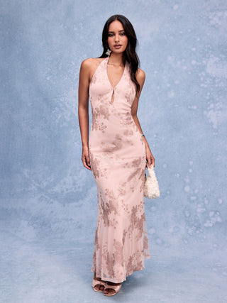Tie Dye Floral Twisted Sequin Backless Mermaid Maxi Dress