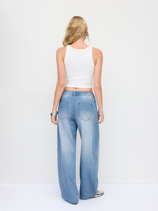 Denim Low Rise Washed Ruched Metal Detail Barrel-leg Jeans