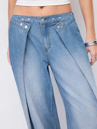 Denim Low Rise Washed Ruched Metal Detail Barrel-leg Jeans