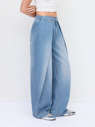Denim Low Rise Washed Ruched Metal Detail Barrel-leg Jeans