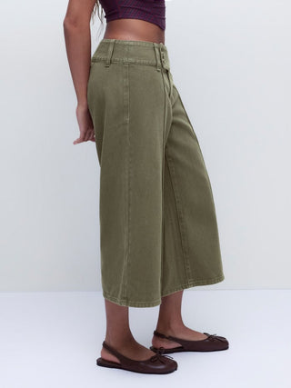Washed Denim Low Rise Metal Detail Wide Leg Capri Jeans