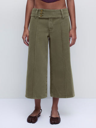 Washed Denim Low Rise Metal Detail Wide Leg Capri Jeans