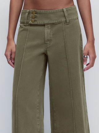 Washed Denim Low Rise Metal Detail Wide Leg Capri Jeans