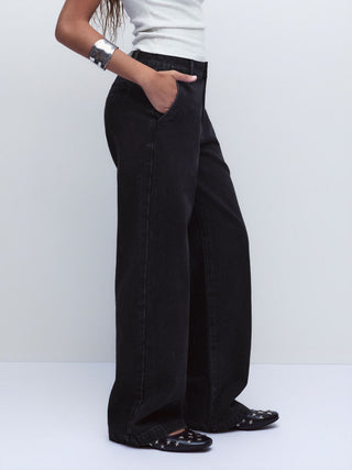 Denim Low Rise Washed Metal Detail Wide Leg Jeans