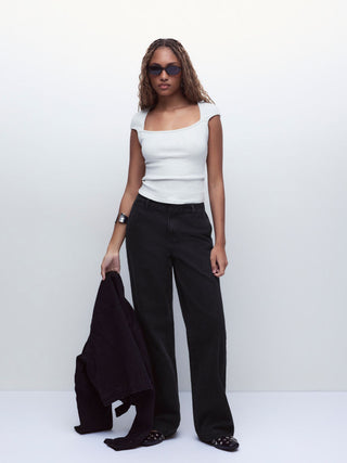 Denim Low Rise Washed Metal Detail Wide Leg Jeans