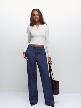 Denim Low Rise Washed Metal Detail Wide Leg Jeans