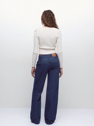 Denim Low Rise Washed Metal Detail Wide Leg Jeans