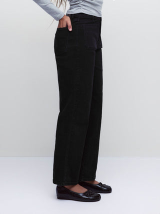 Stretch Denim Mid Rise Washed Metal Detail Straight Leg Jeans