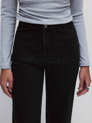 Stretch Denim Mid Rise Washed Metal Detail Straight Leg Jeans