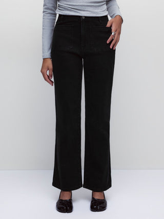 Stretch Denim Mid Rise Washed Metal Detail Straight Leg Jeans