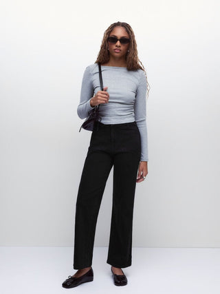 Stretch Denim Mid Rise Washed Metal Detail Straight Leg Jeans