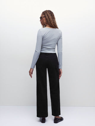 Stretch Denim Mid Rise Washed Metal Detail Straight Leg Jeans