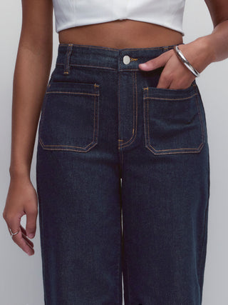 Stretch Denim Mid Rise Washed Metal Detail Straight Leg Jeans