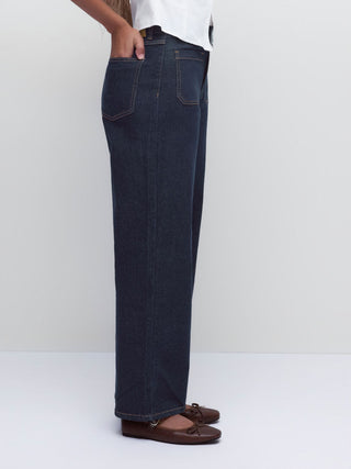 Stretch Denim Mid Rise Washed Metal Detail Straight Leg Jeans