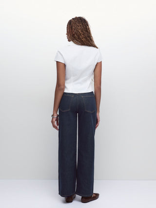 Stretch Denim Mid Rise Washed Metal Detail Straight Leg Jeans