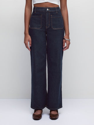 Stretch Denim Mid Rise Washed Metal Detail Straight Leg Jeans