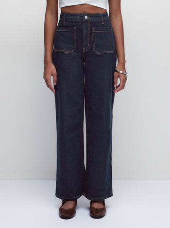Stretch Denim Mid Rise Washed Metal Detail Straight Leg Jeans