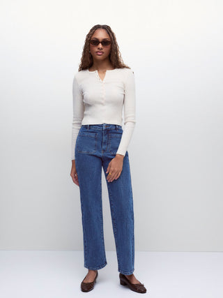 Stretch Denim Mid Rise Washed Metal Detail Straight Leg Jeans