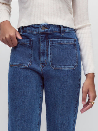 Stretch Denim Mid Rise Washed Metal Detail Straight Leg Jeans