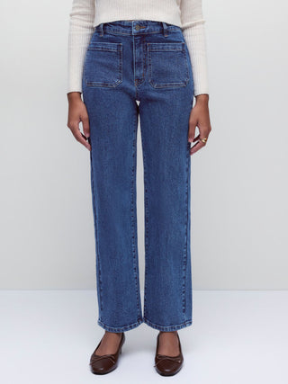 Stretch Denim Mid Rise Washed Metal Detail Straight Leg Jeans