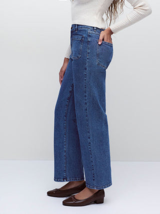 Stretch Denim Mid Rise Washed Metal Detail Straight Leg Jeans