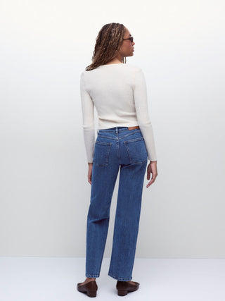 Stretch Denim Mid Rise Washed Metal Detail Straight Leg Jeans