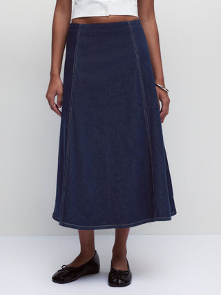 Stretch Denim High Rise Washed Pleated A-line Flare Midi Skirt
